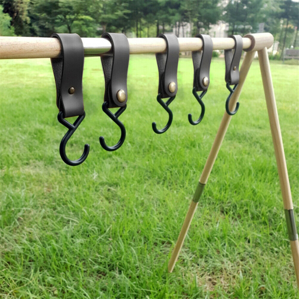 4pcs Outdoor PU Leather Hooks Camping Hiking Tripod Clothes Storage Hanger @