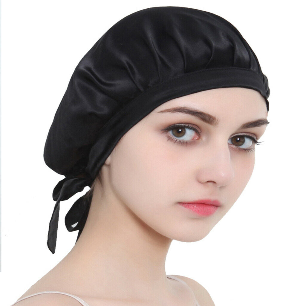 100% Pure Silk Sleep Hats Wrap Night Hair Care Bonnet Women Hat Black