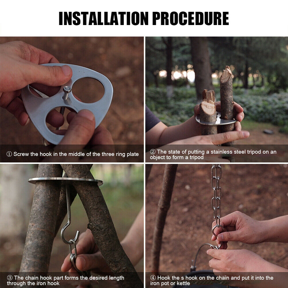 Camping Grill Hanging Pot Stand Detachable Outdoor Tripod Hanging Rack Set @