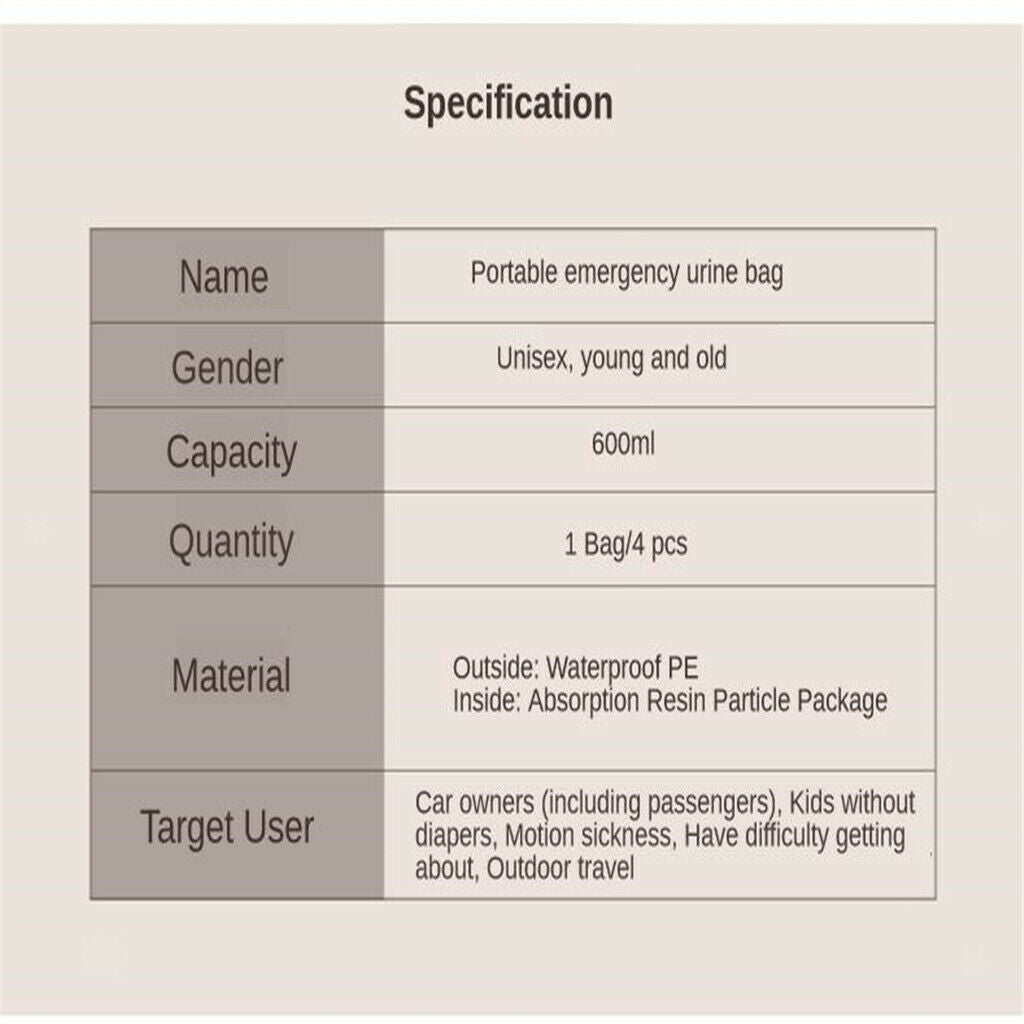 4x Disposable Urine Bags Car Toilet Emergency Camping Urinal Wee Pee Bags