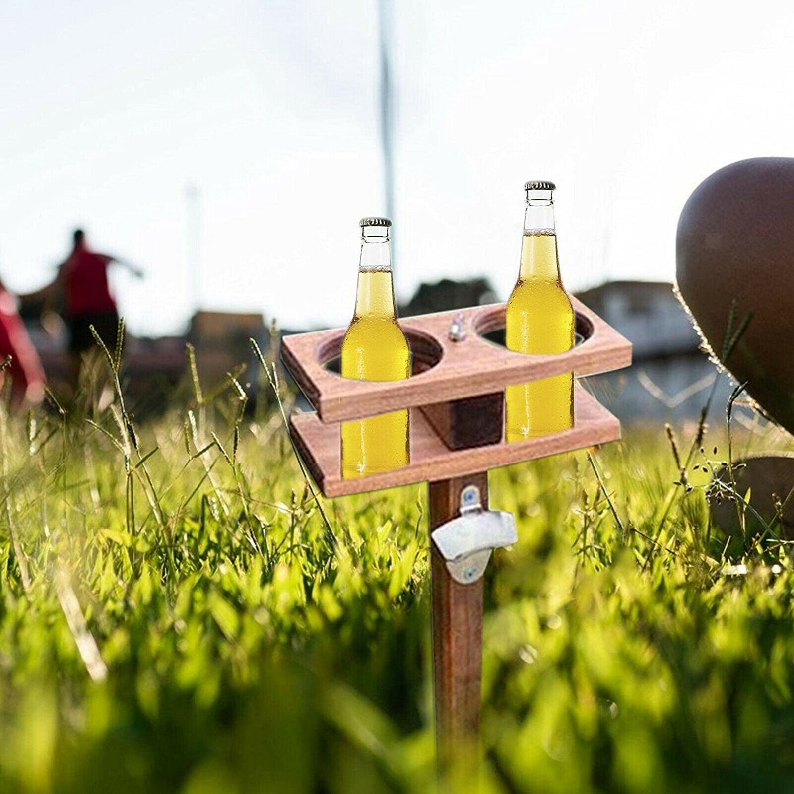 Wood Wine Table Compact BBQ Beach Camping Beer Cups Holder Lawn Support Rack