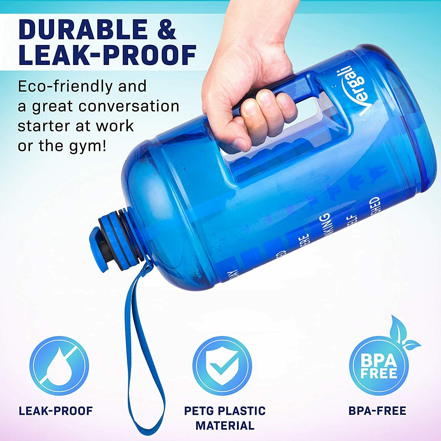 Vergali 1 Gallon Water Bottle w/ Time Marker & Straw, BPA Free, Leakproof