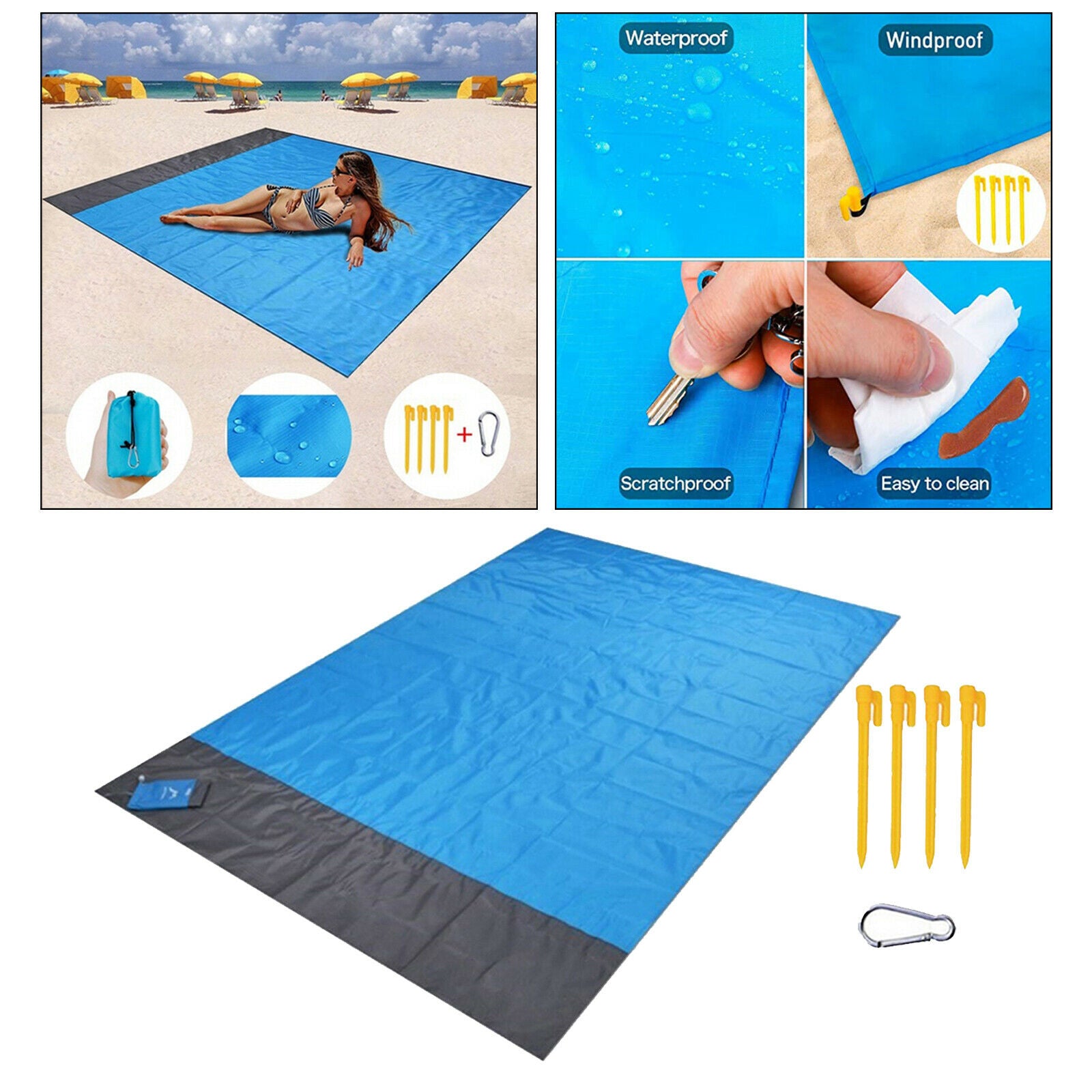 Oversized Beach Blanket Heat Resistant Nylon Mat with Anchor Travel Camping