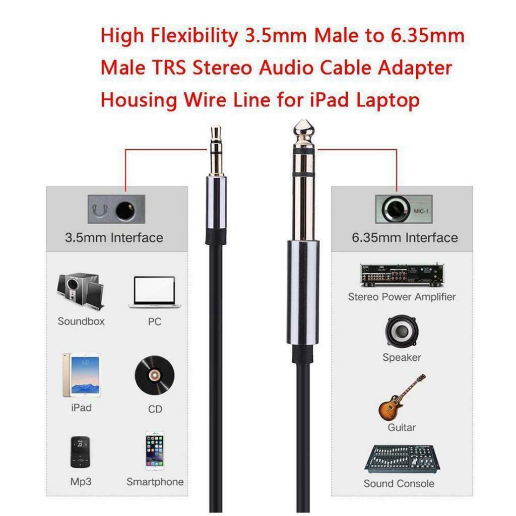 1.5m 3.5mm 1/8" Male To 6.35mm 1/4" Male Stereo Audio Cable +2 Adapter