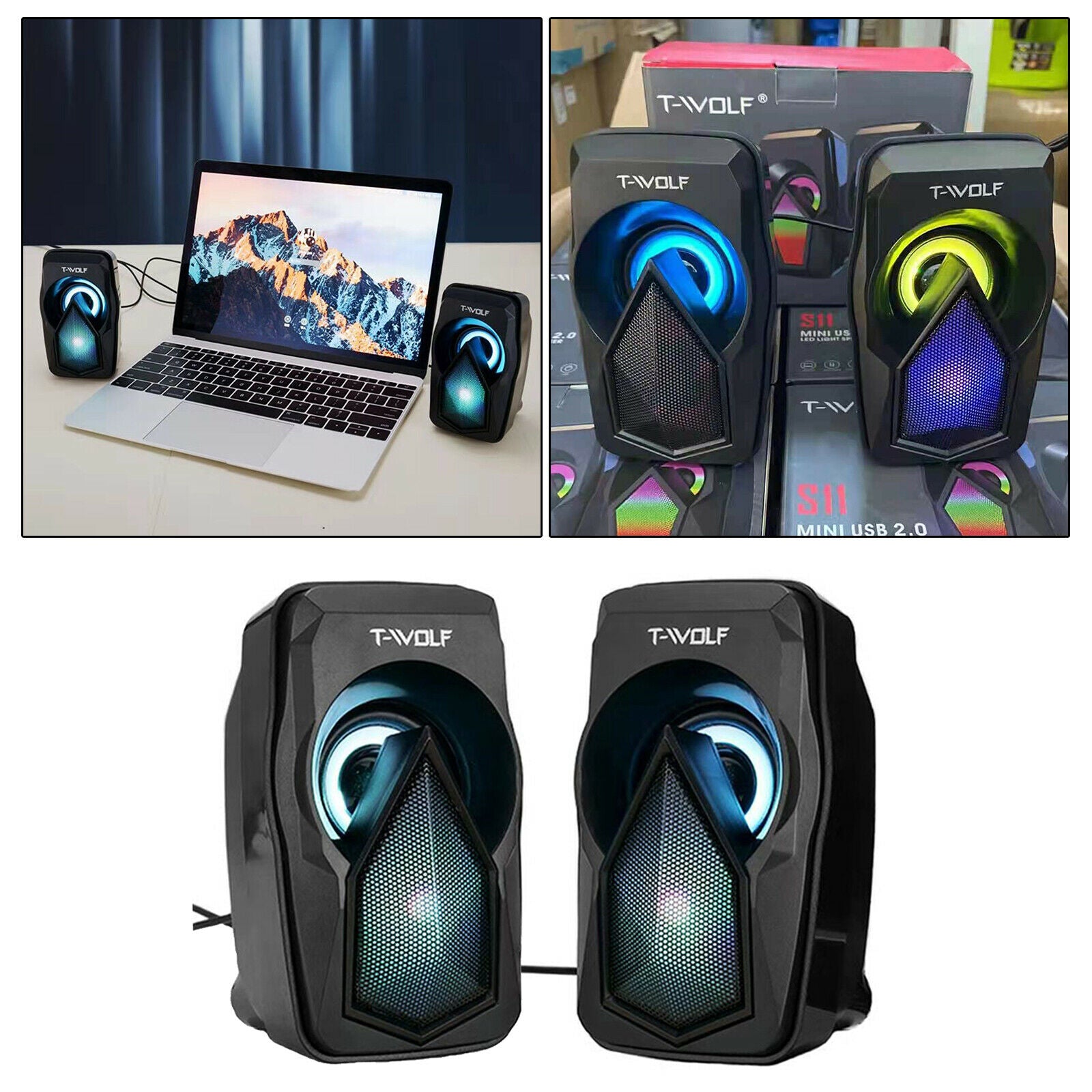 Small USB Wired Multimedia Computer Speakers with Colorful Light 3.5MM Audio
