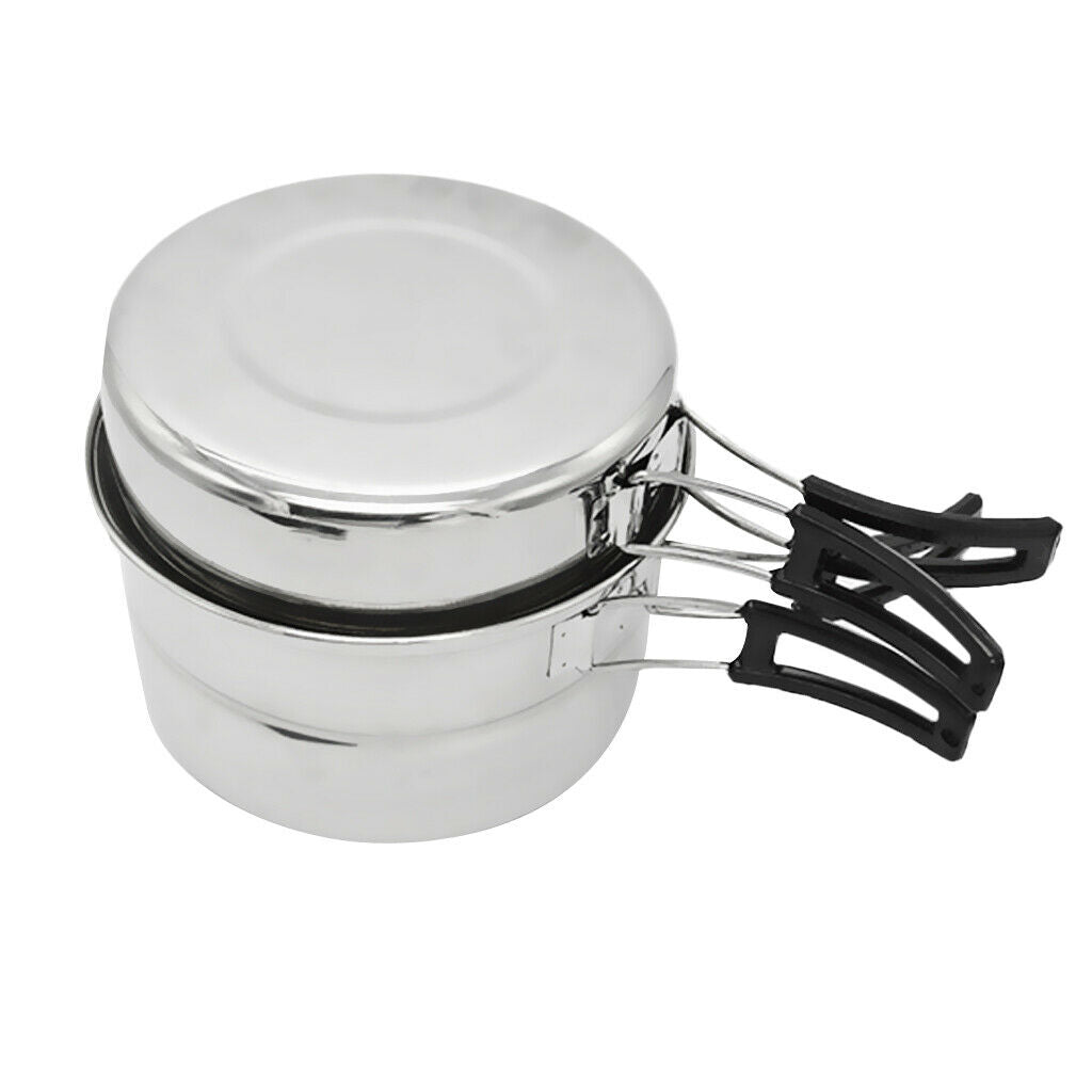Stainless Steel Camping Cookware Set Soup Pot Pan & Steaming Rack Outdoors