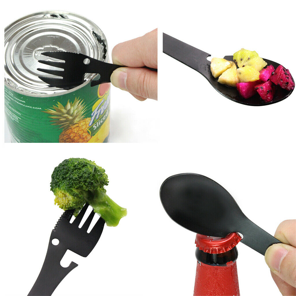 3 in 1 stainless steel spoon, fork and can / bottle opener for outdoors
