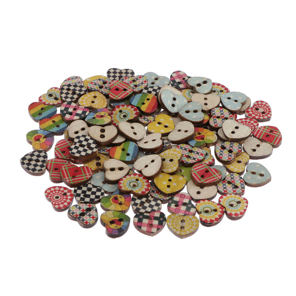 100-Pack Multicolored Heart Shaped 2 Holes Wooden Sewing Buttons for Crafts