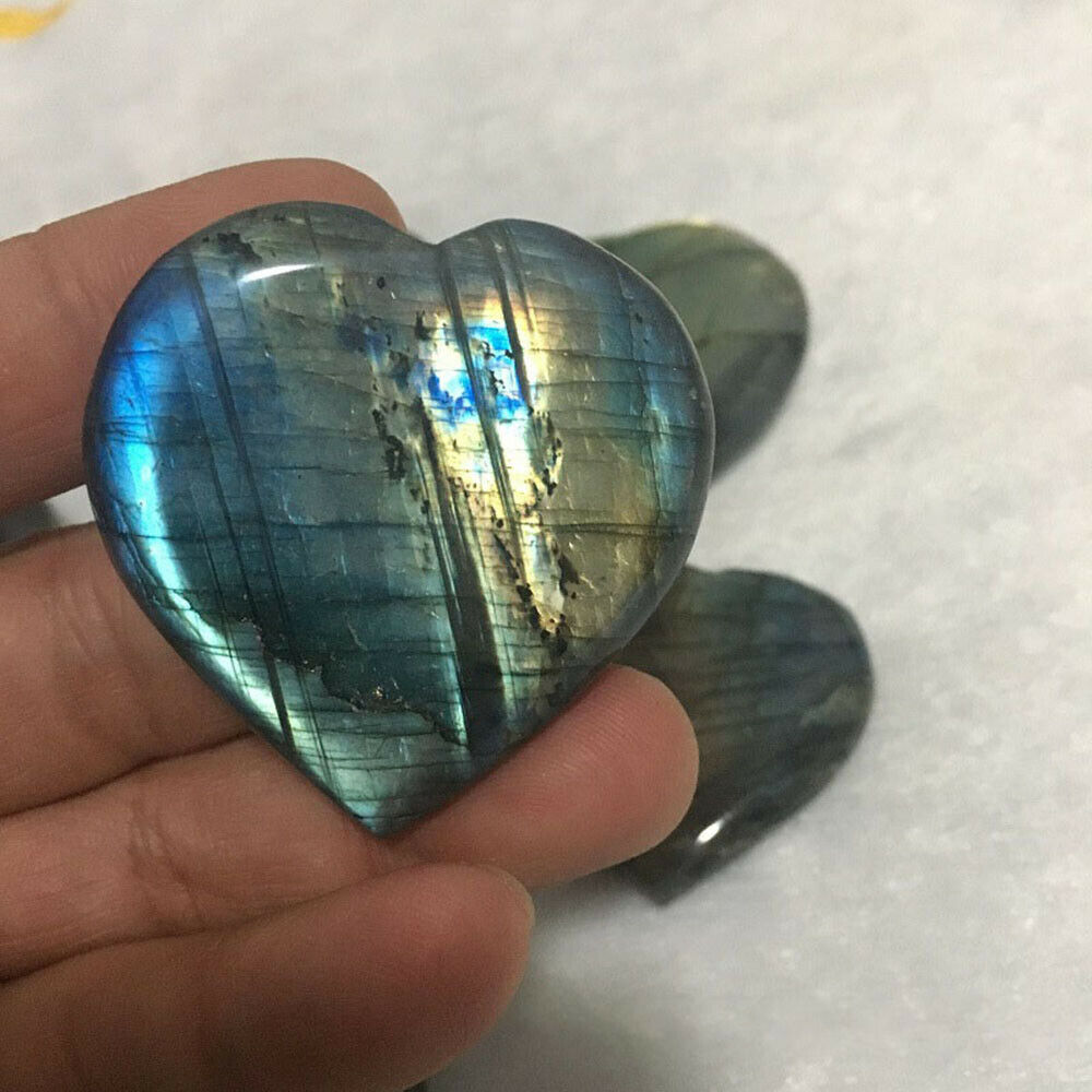 100% Natural Rainbow Labradorite Heart Quartz Crystal Carved Reiki Healing New