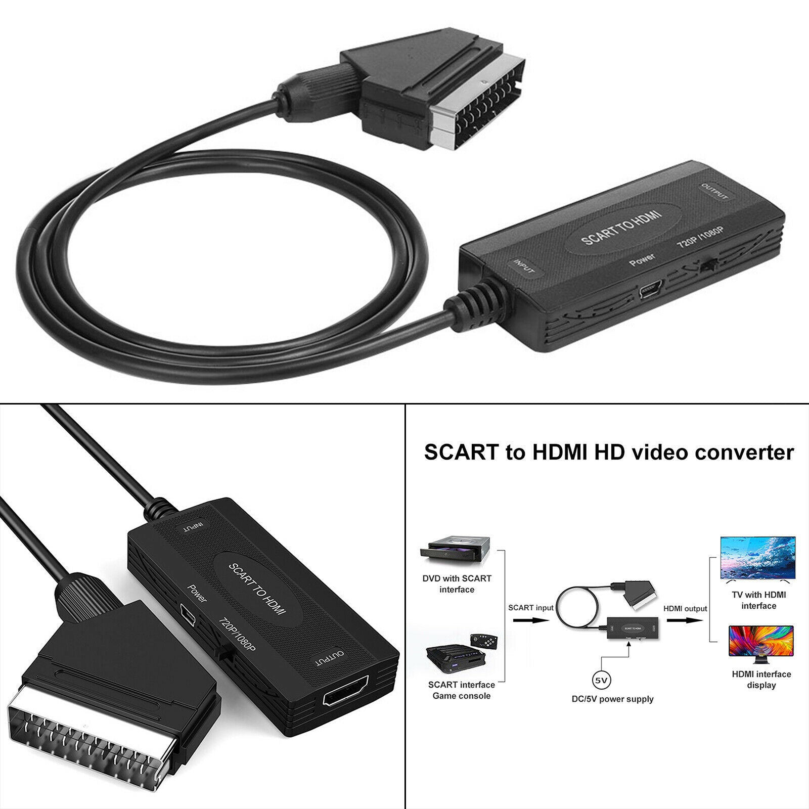 Mini Universal Scart to HDMI Converter Video Adapter Audio Output for HD TV