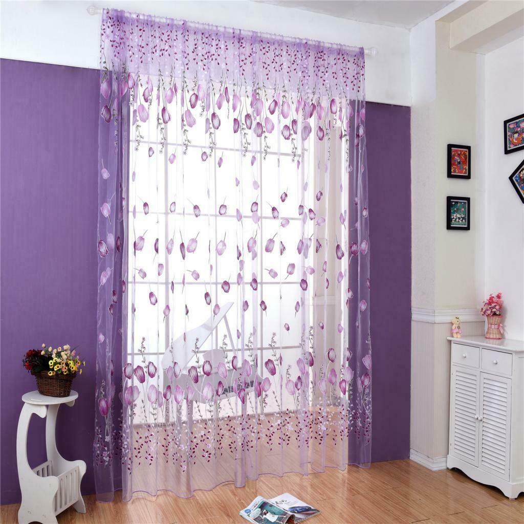 100*200cm Window Voile Curtain Panel Sheer Tulle Drape Tullip Flower Purple