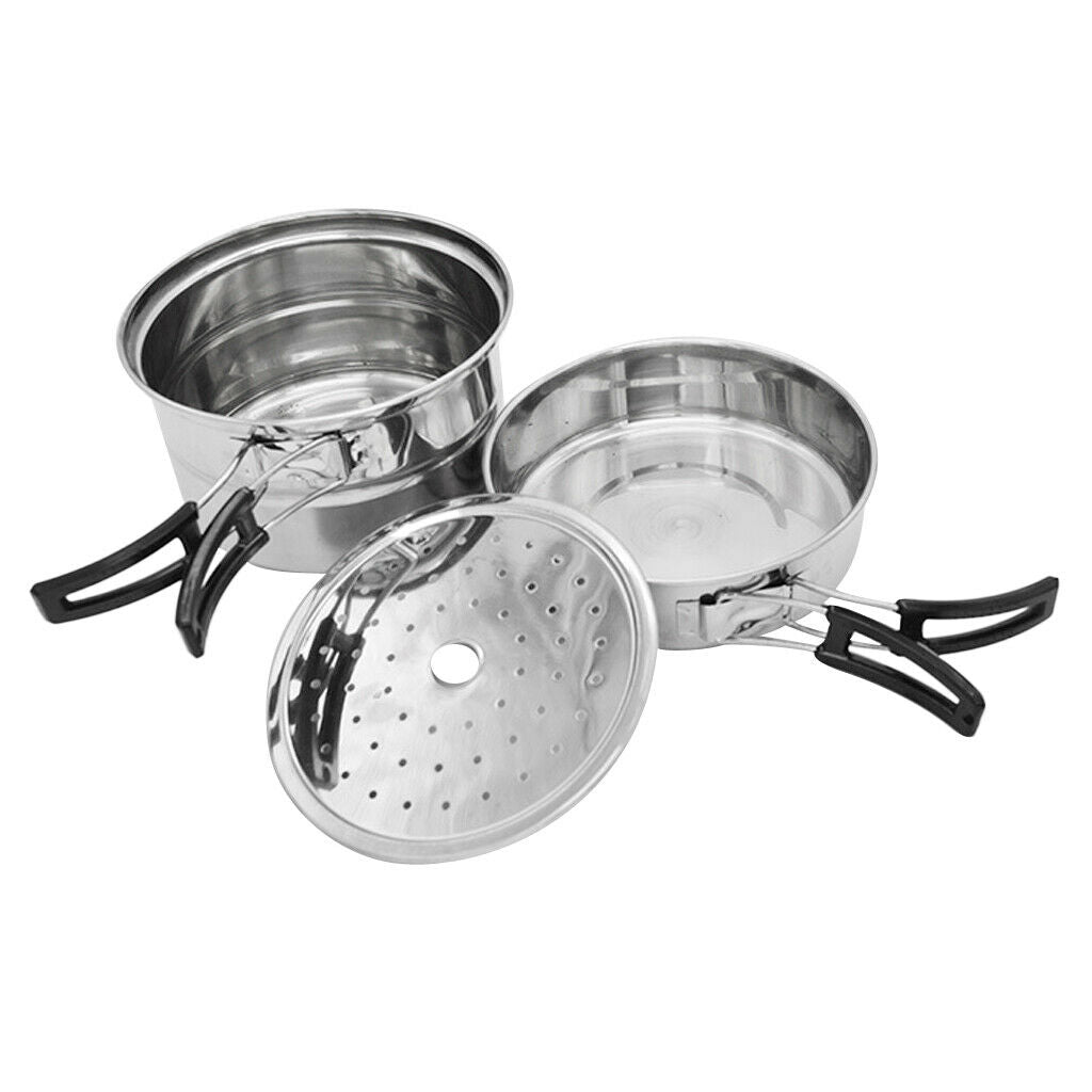 Stainless Steel Camping Cookware Set Soup Pot Pan & Steaming Rack Outdoors