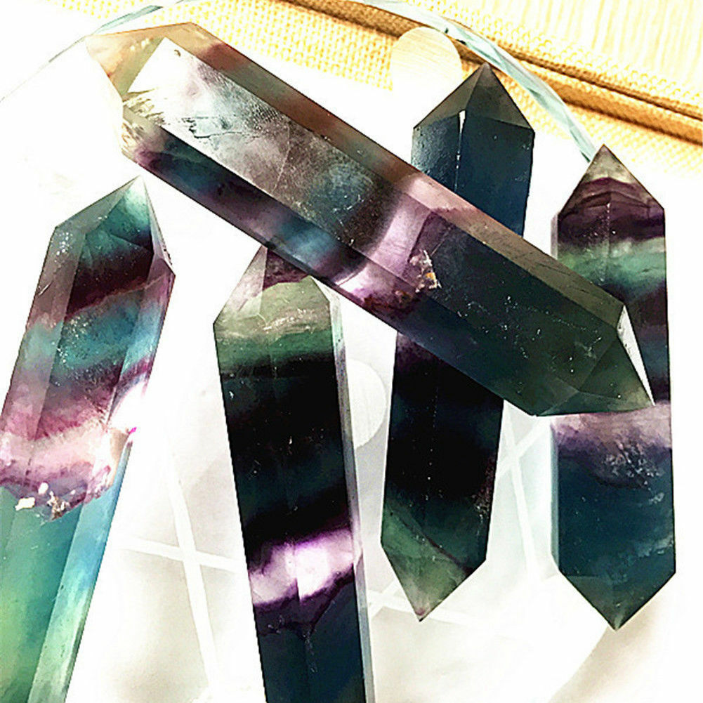 100% Colorful Natural Fluorite Quartz Crystal Stone Point Healing Hexagonal Wand