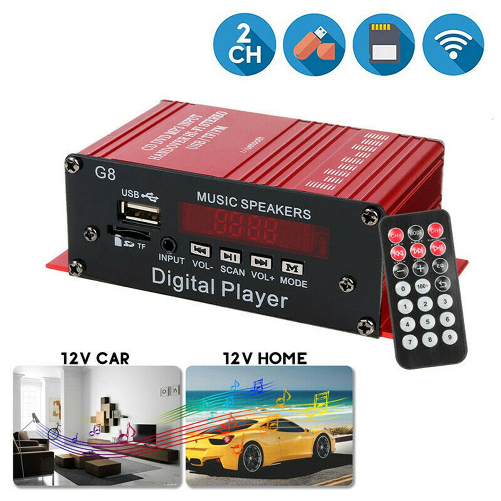 Bluetooth Audio 2 Channel Amplifier Receiver Hi-Fi with Remote Control