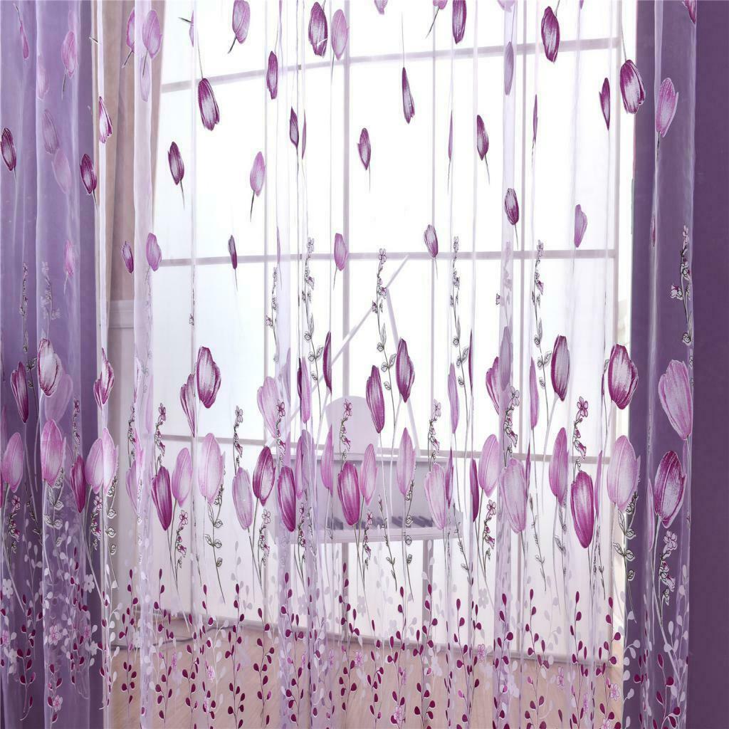 100*200cm Window Voile Curtain Panel Sheer Tulle Drape Tullip Flower Purple