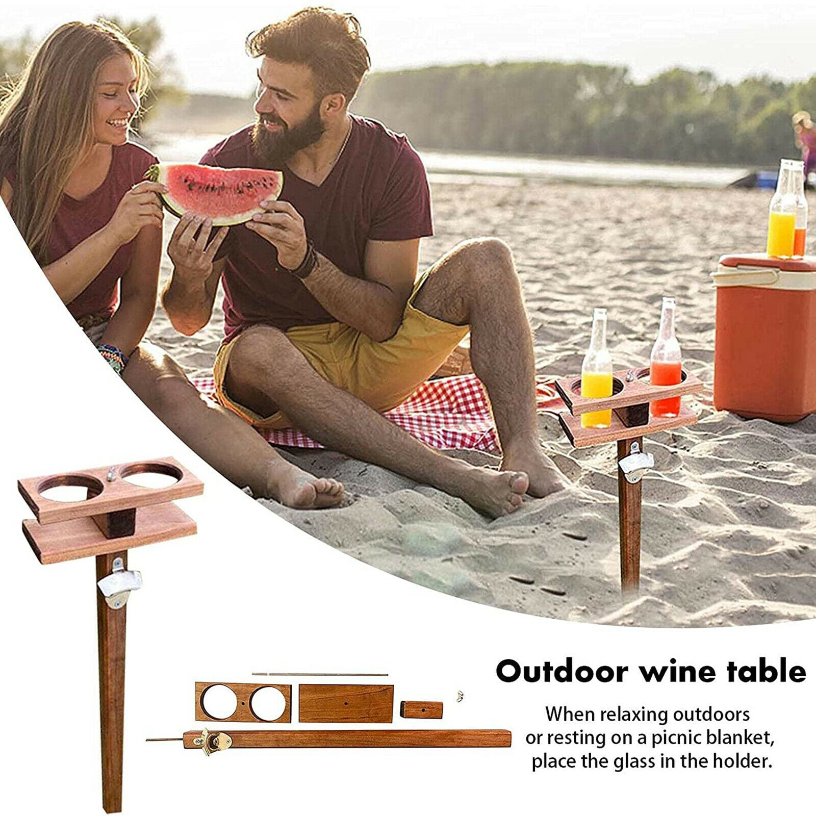 Wood Wine Table Compact BBQ Beach Camping Beer Cups Holder Lawn Support Rack