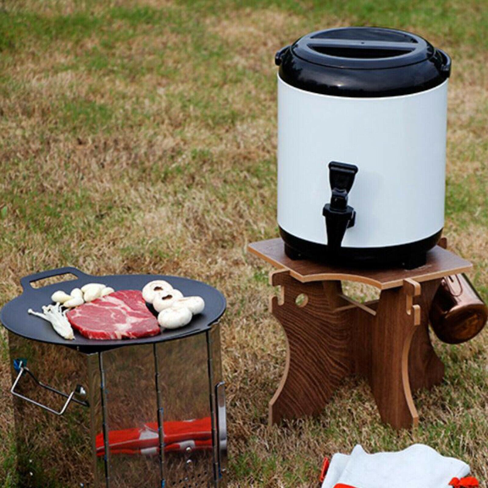 Camping Water Bucket Stand Wooden Holder Shelf Picnic Grill Folding Stool