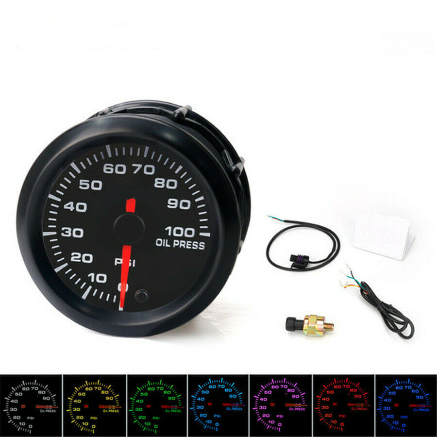0-100 PSI Oil Pressure Gauge Meter 2" 52mm 7 Colors Backligjht 12V With Sensor