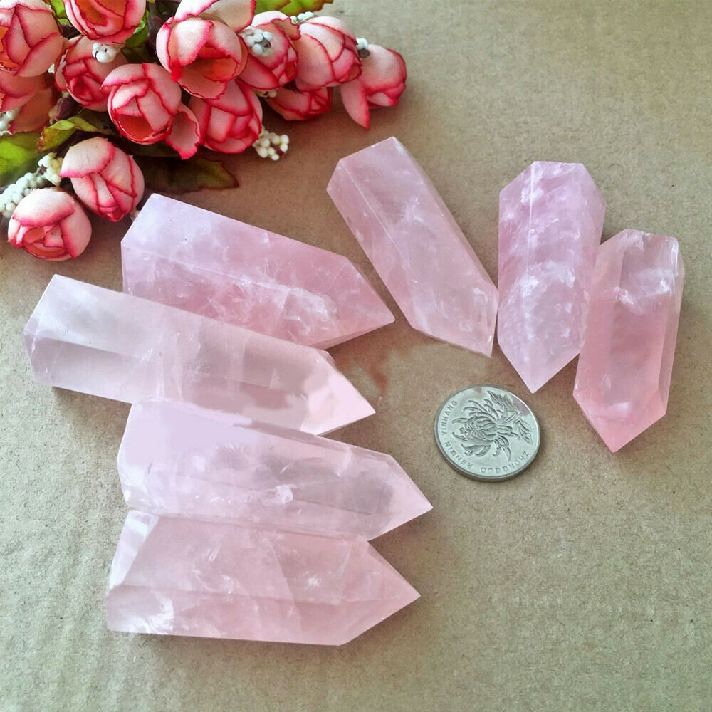 100% Natural Pink Rose Quartz Crystal Wand Point Healing Stone 50-60MM Gift US