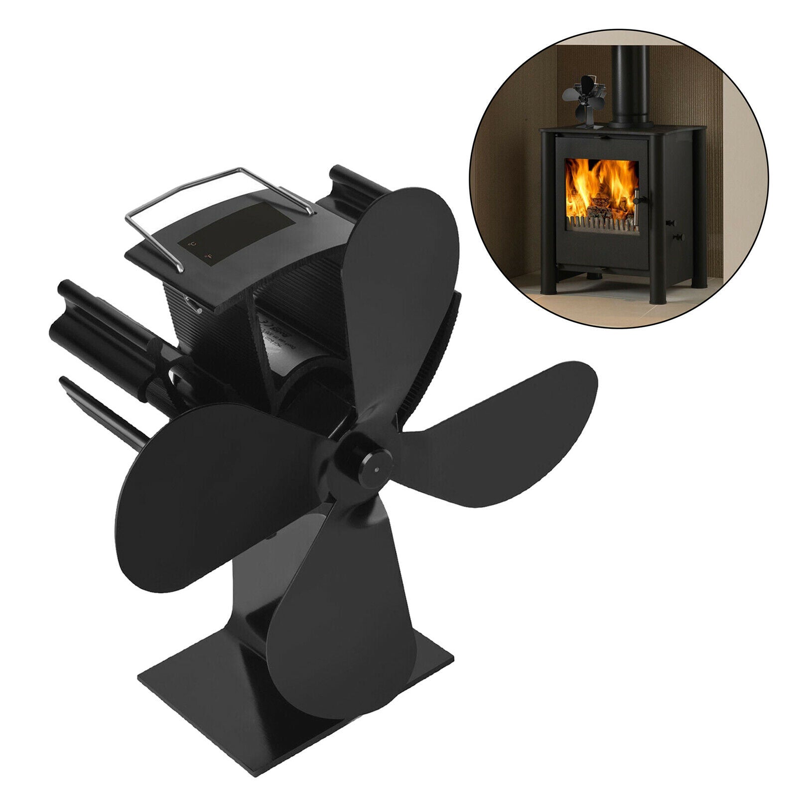 Black Powered Wood Log Burning Fireplace Burner Stove Heater Fan W/ Blades