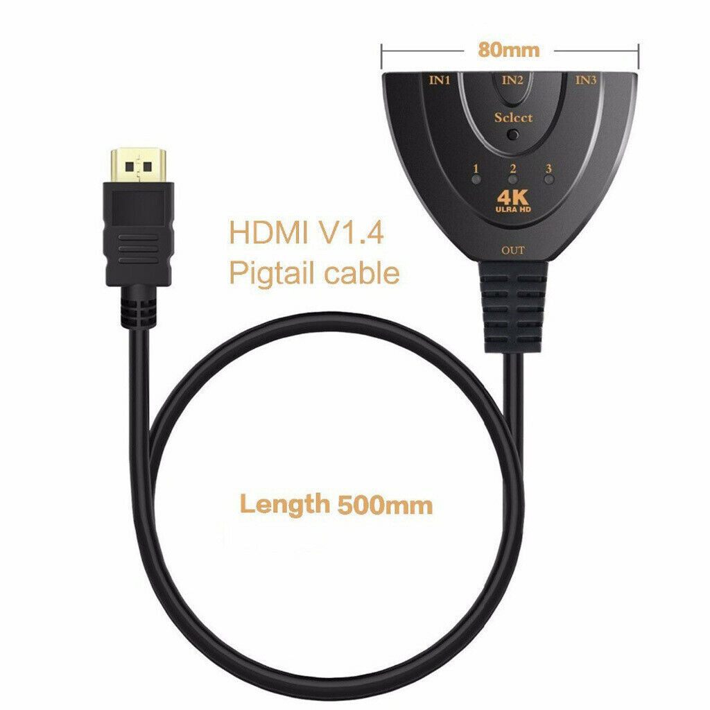 HDMI 3 Port Switcher 4Kx2K Splitter 3 in 1 Ports Full HDMI Remote Switch