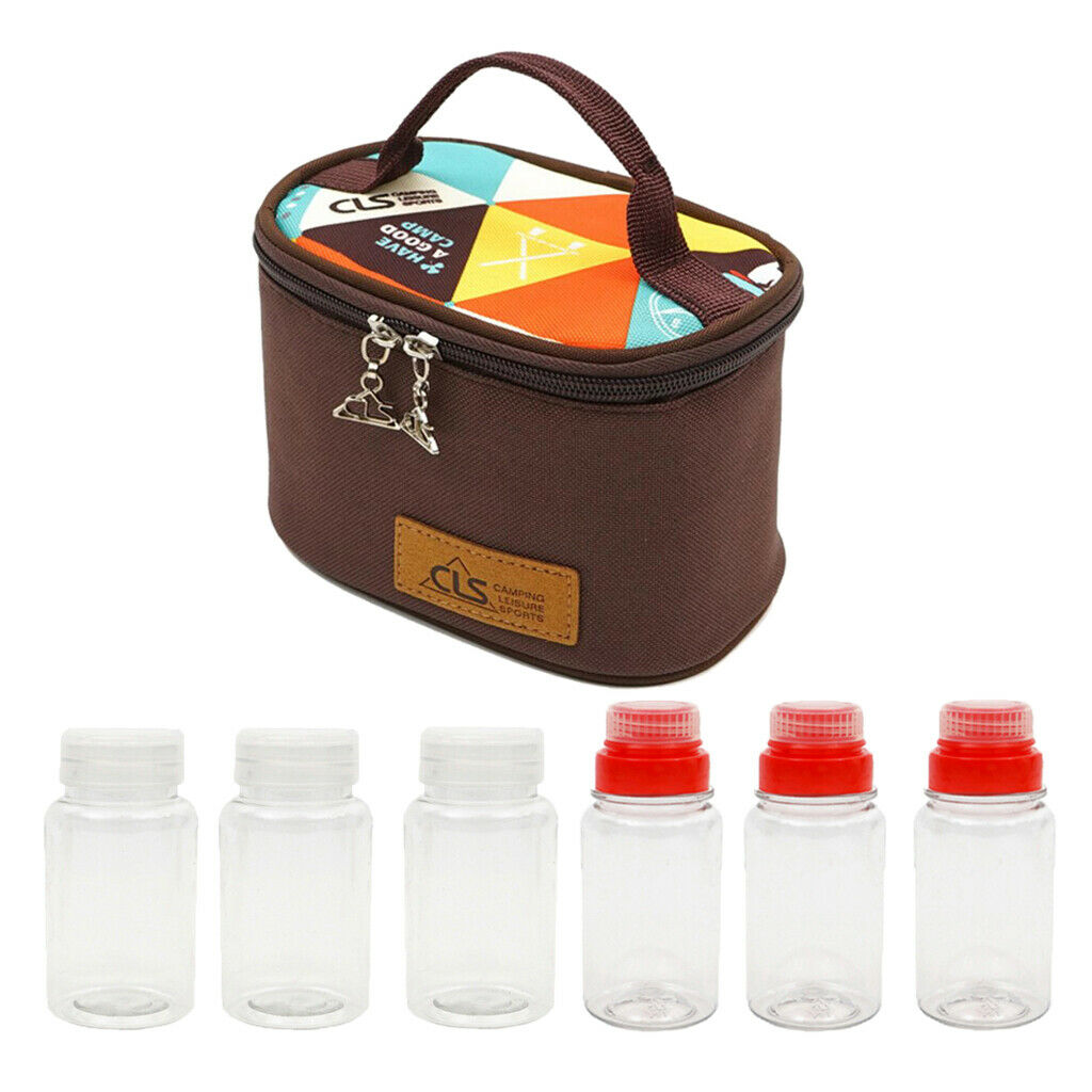 6Pcs Camping Picnic BBQ Condiment Spice Jar Bottles with Portable Carry Bag