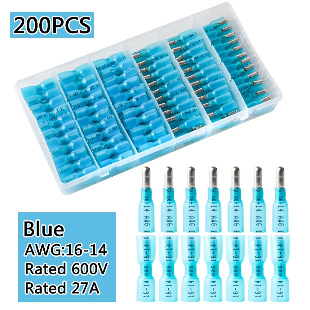 (200) 16-14 GAUGE BLUE HEAT SHRINK BULLET FEMALE & MALE WIRE CONNECTORS