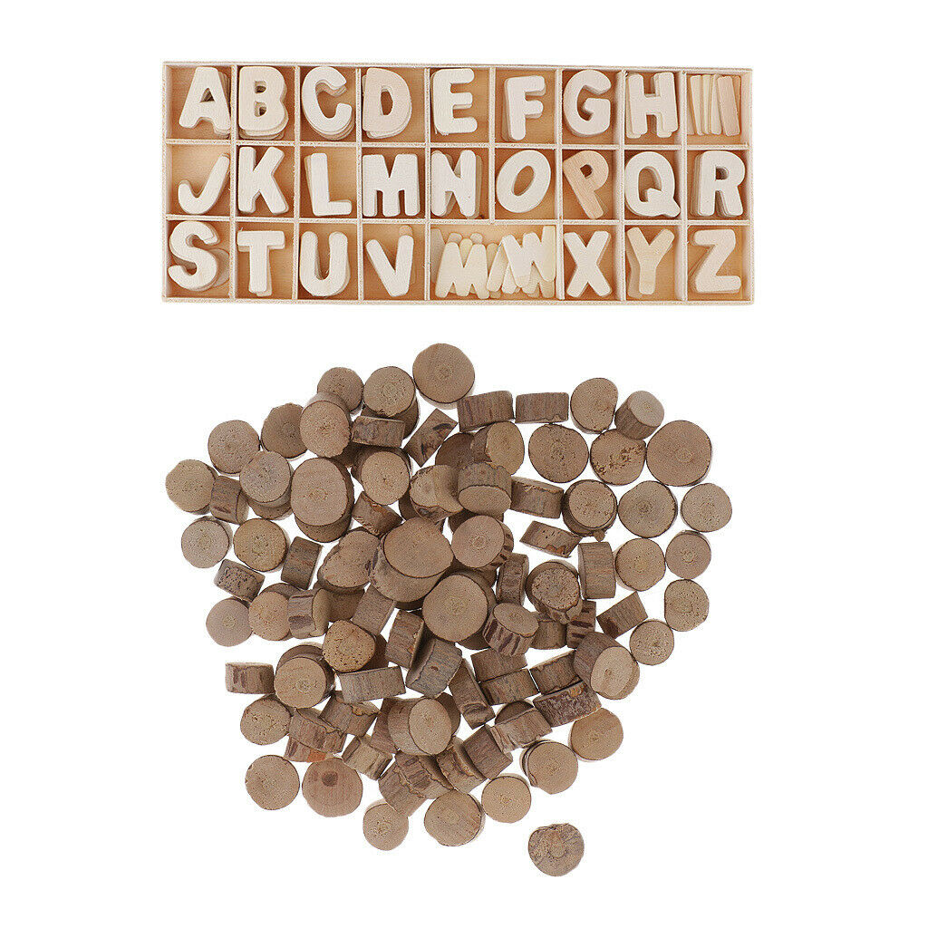 100 Wood Round Log Slices Discs & 156x Wooden A-Z Letter Alphabet for Wood Craft