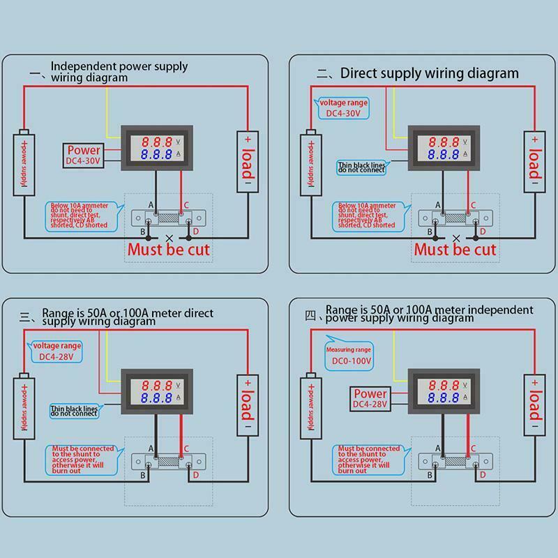 0-100V/50A Red Blue Digital Voltmeter Ammeter 2in1 DC Volt Amp Meter W/ Shunt