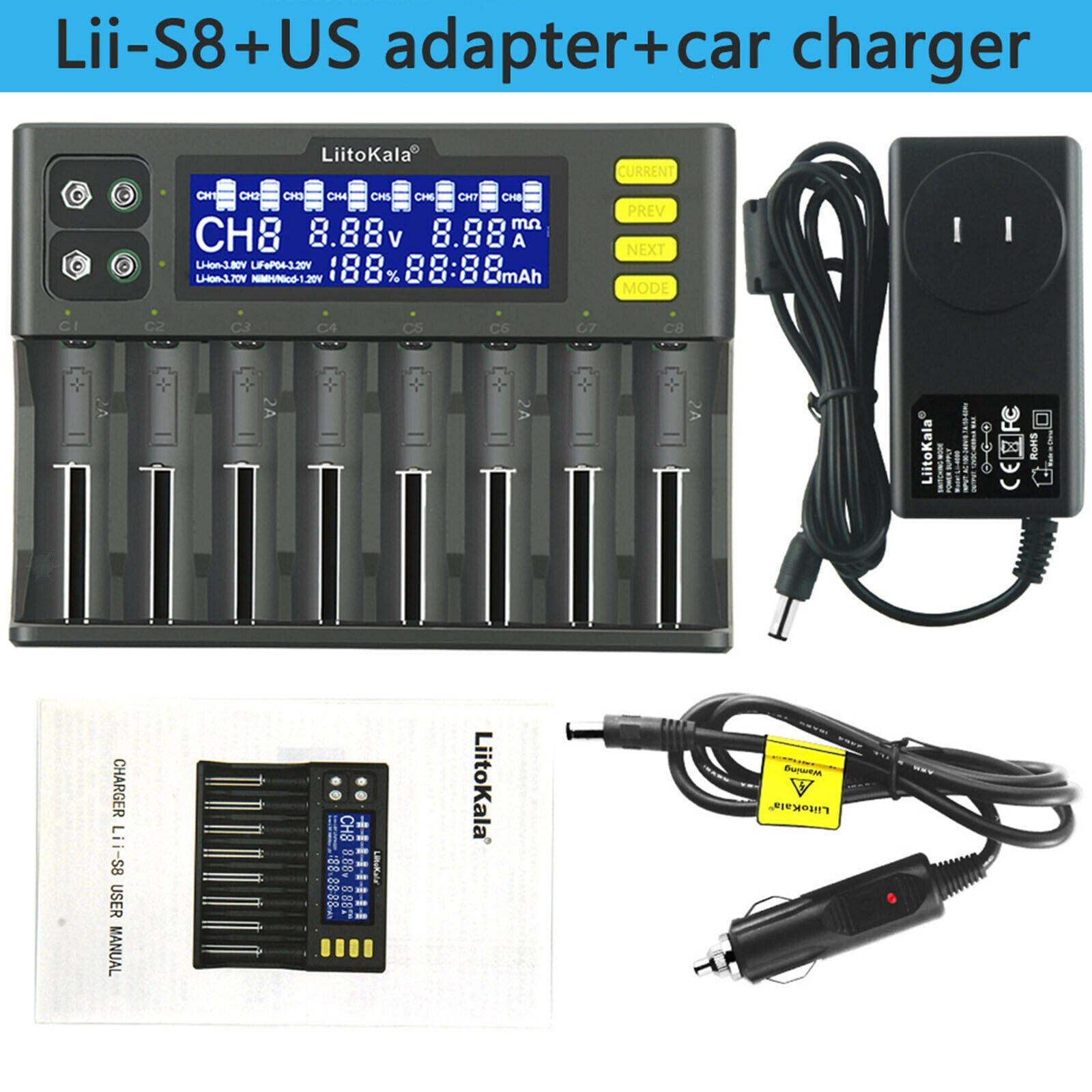 8 Bay Smart Battery Charger 2A 9V Li-8.4V Fit for Universal 20650 AA C SC
