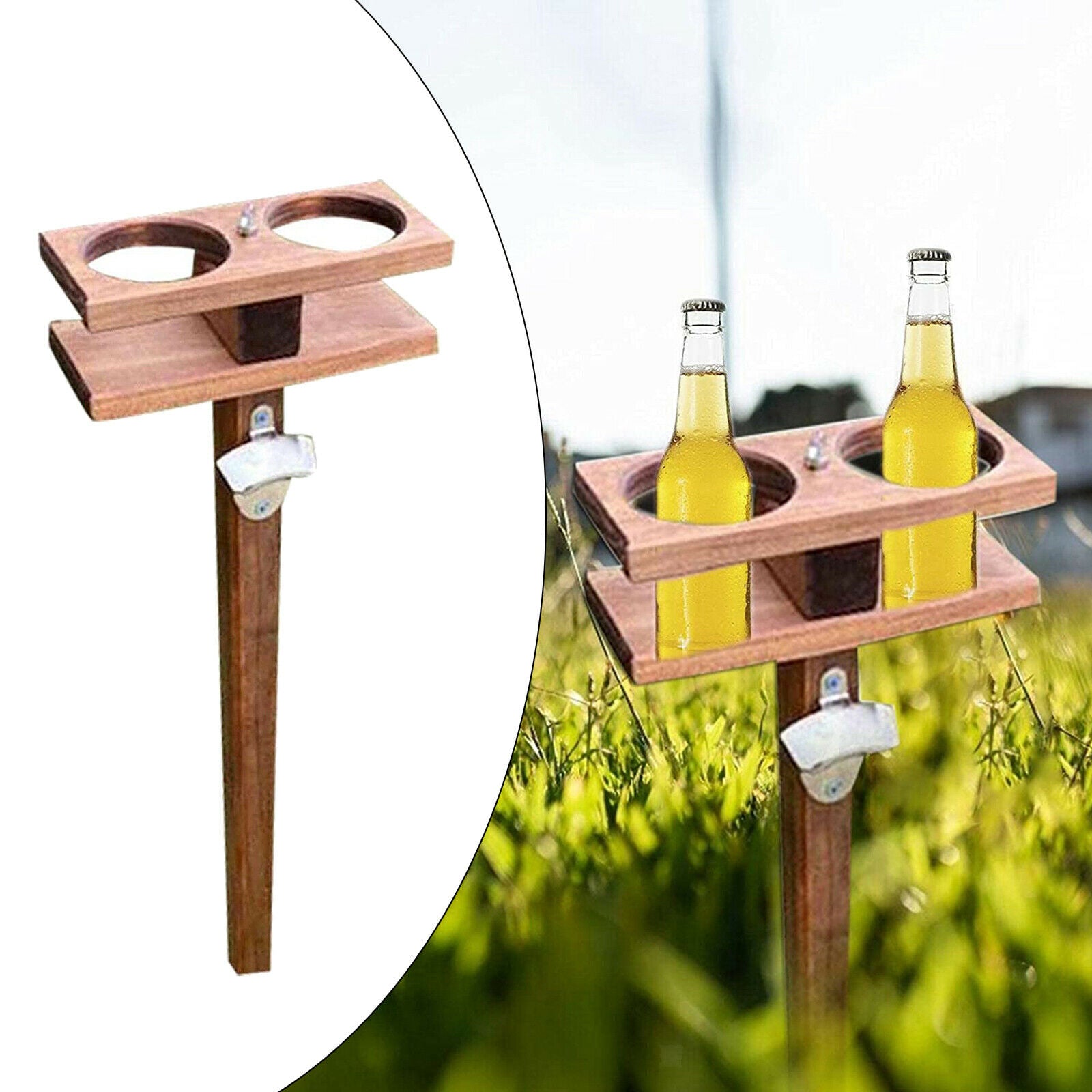 Wood Wine Table Compact BBQ Beach Camping Beer Cups Holder Lawn Support Rack