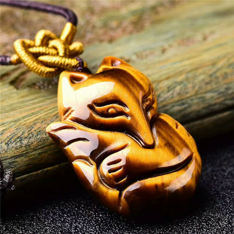100% natural A cargo tiger eye stone carving nine tail fox jade pendant AAA