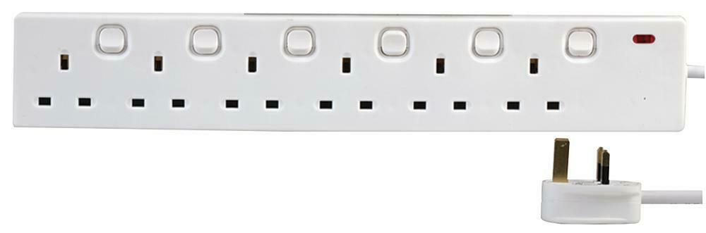 6 Socket Individually Switched Compact UK Mains Extension Lead 5m White