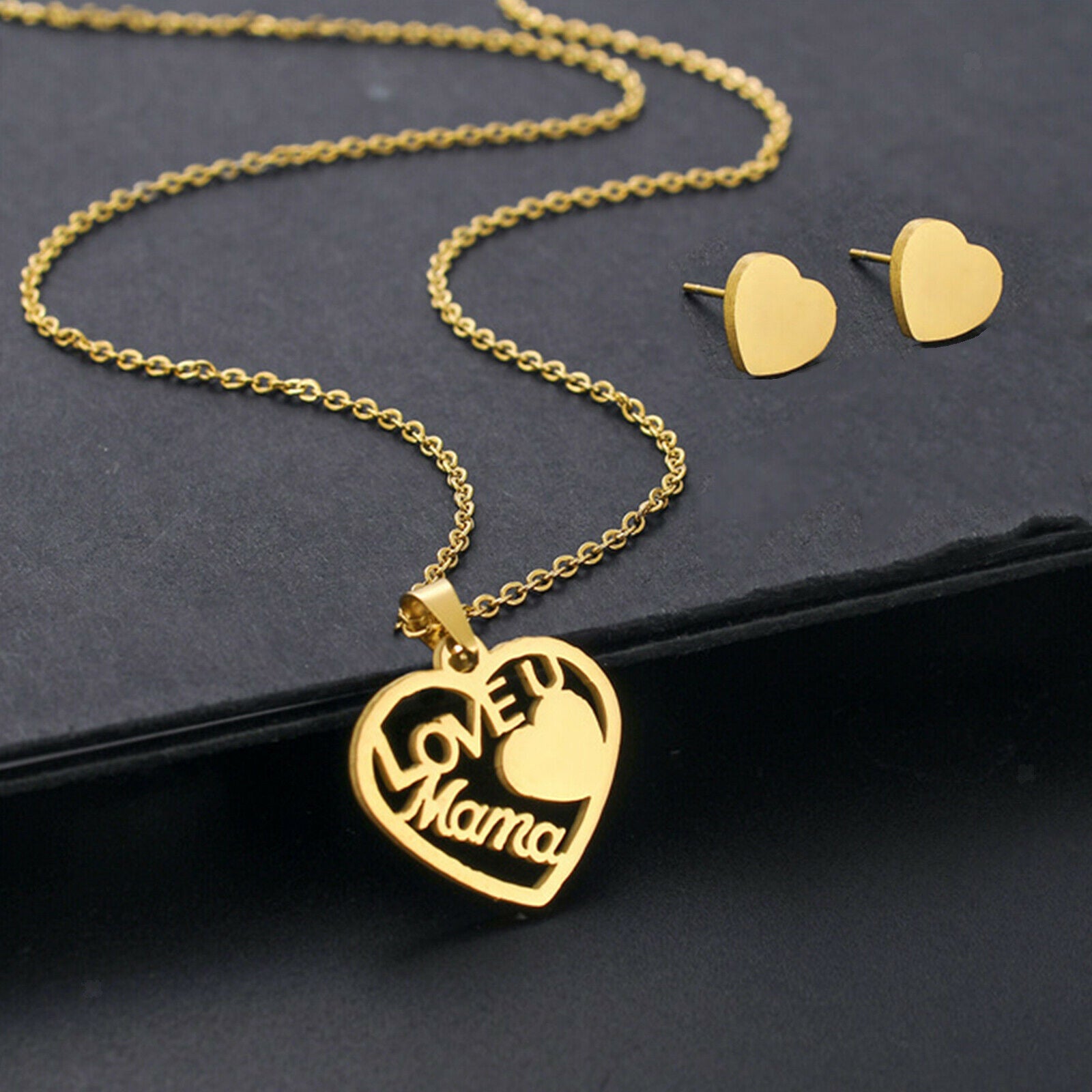 Love Mom Pendant with 2 Ear Stud Earrings Christmas Birthday Jewelry Gifts