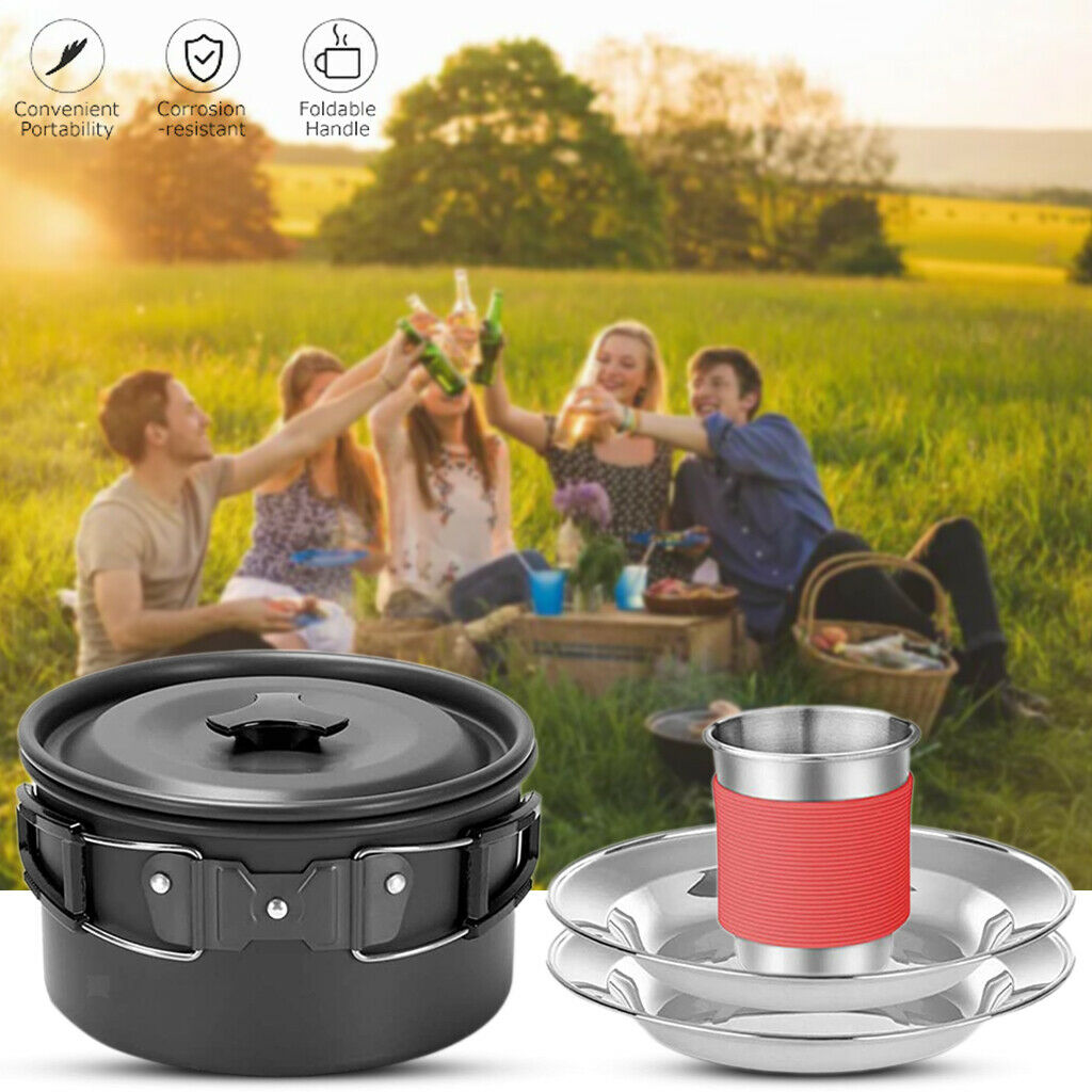 Hiking Camping Cookware Mess Set Outdoor Pan Plates Hiking Picnic Cooker