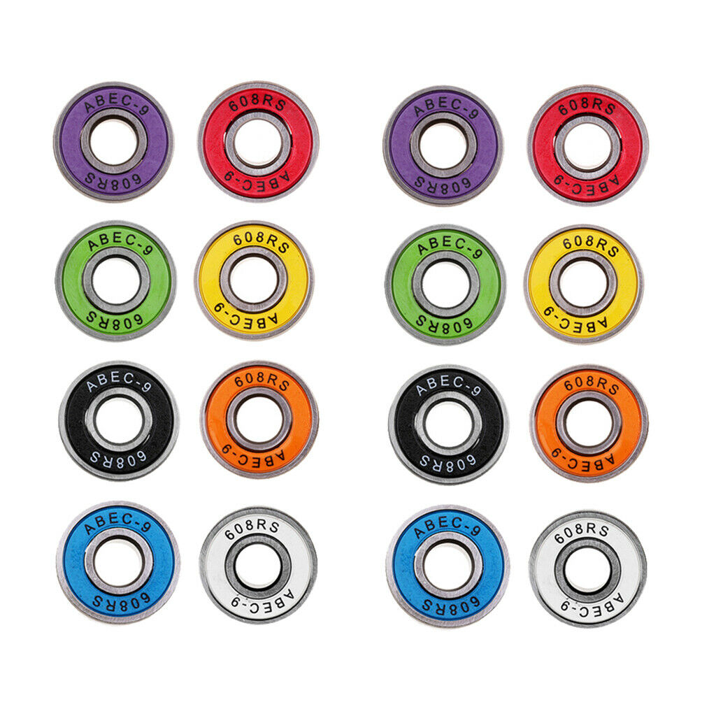 16pcs Frictionless Abec 9 Skateboard Roller Skate Bearings 608-RS 8x22x7mm