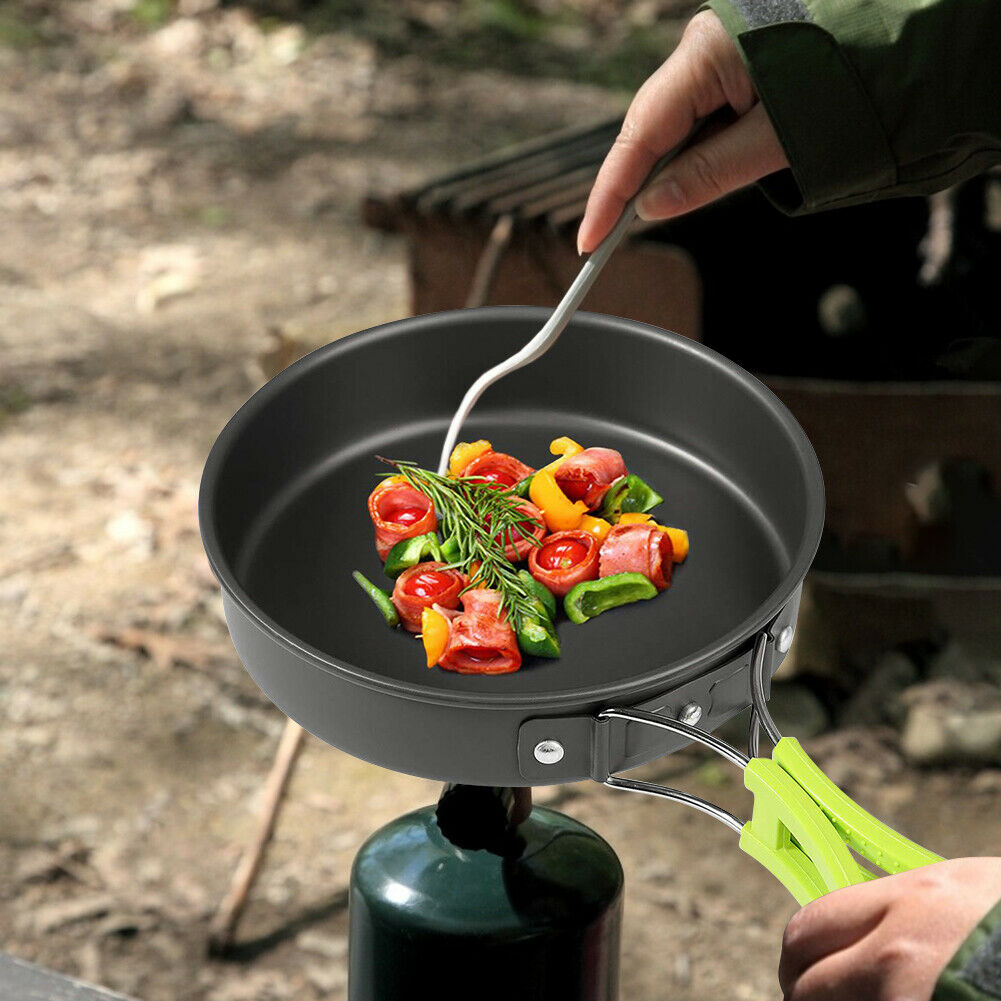 7pcs Foldable Outdoor Camping Pot Pan Cookware Utensils for 1-2 People @