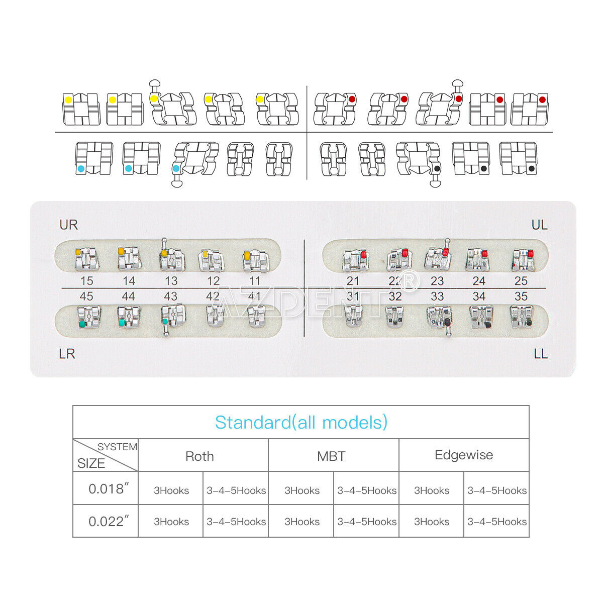 100 X Dental Brace Orthodontic Metal Bracket Standard MBT Slot 022" Hooks 3 AZ