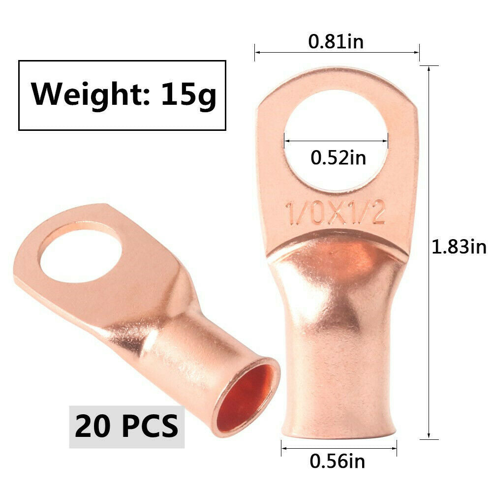 (20)1/0 AWG-1/2" Copper Lugs Ring Terminals Welding Battery Bare Connectors
