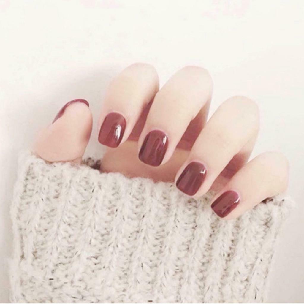 24Pcs Ballerina Full Cover Short False Nails Square Art Tips Set Cameo Brown