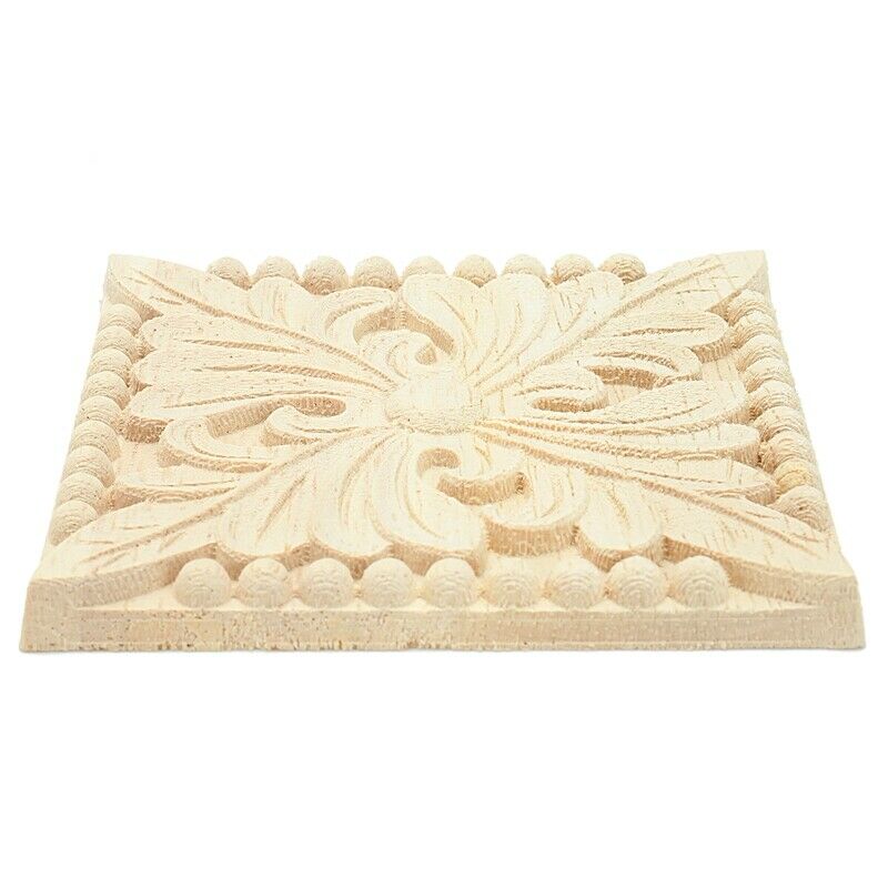 Natural Wood Appliques Square Flower Carving Decals Decorative Wooden MouldingT9