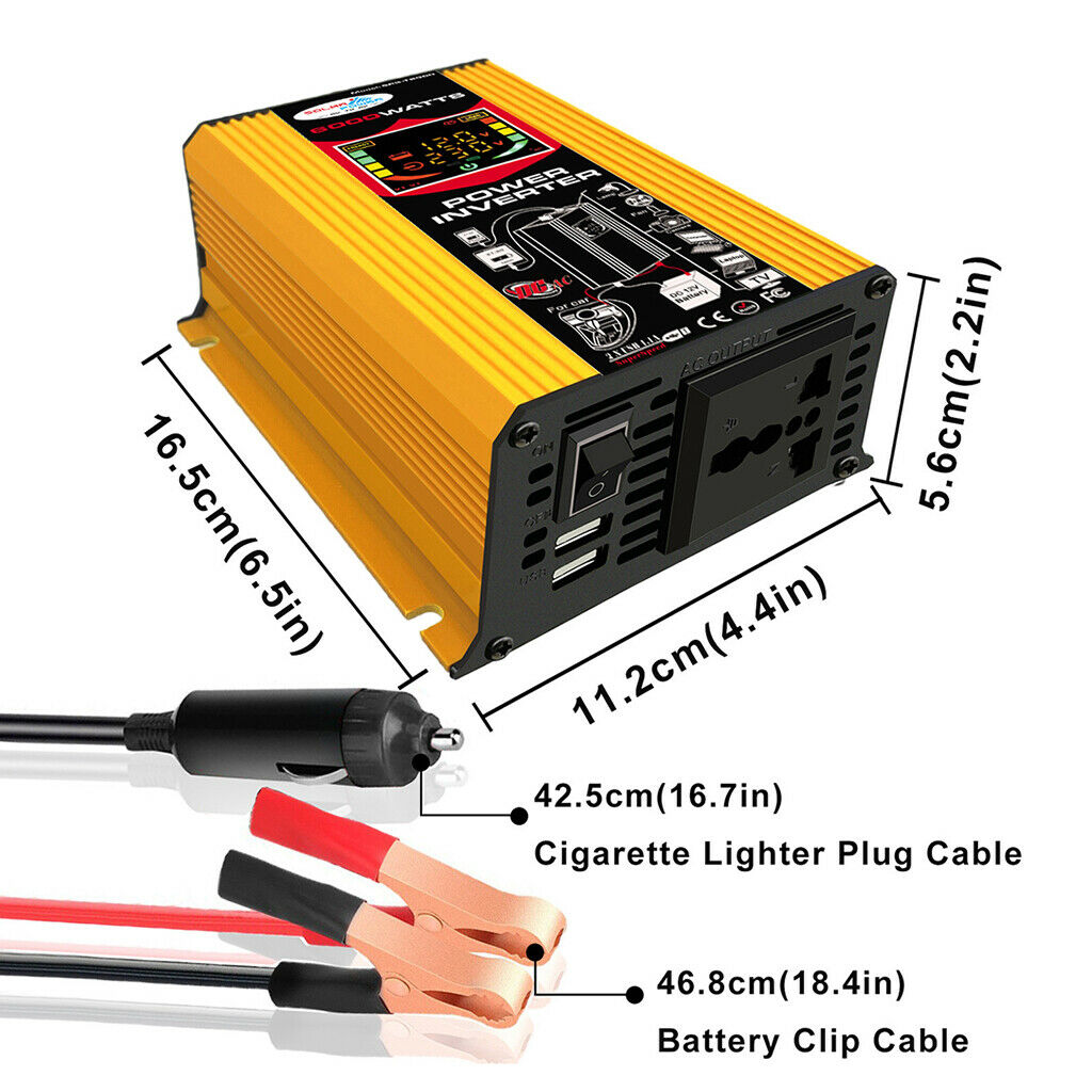 (6000W Peak) Car Power Inverter 12V to 110V Pure Sine Wave Converter Yellow