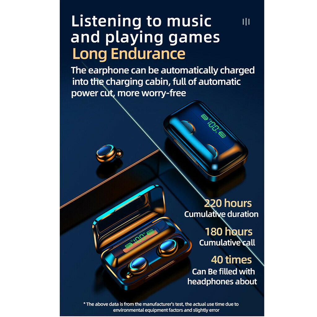 Wireless Bluetooth 5.0 Earphones 9D Stereo LED Water Resistant Earbuds New