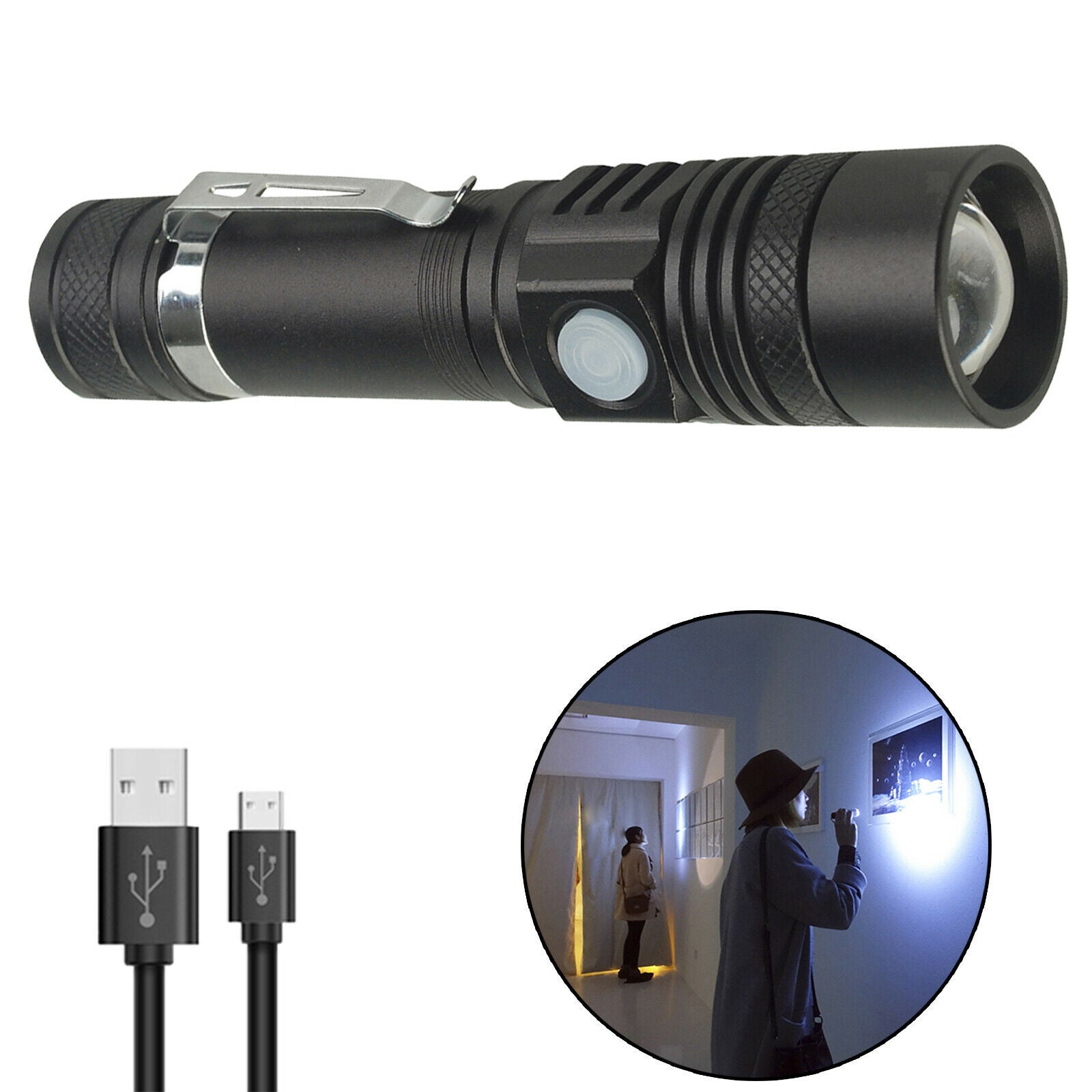 Mini Zoom LED Flashlight Rechargeable Super Bright Resistant Torch Light