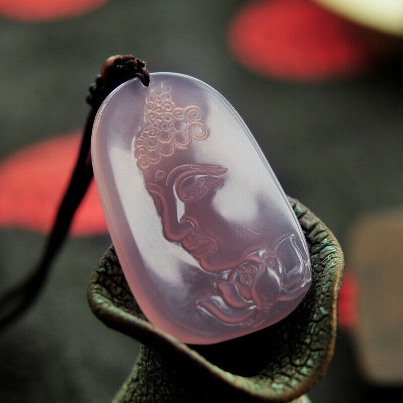100% natural ice-transparent violet hand-carved chalcedony side Buddha pendant