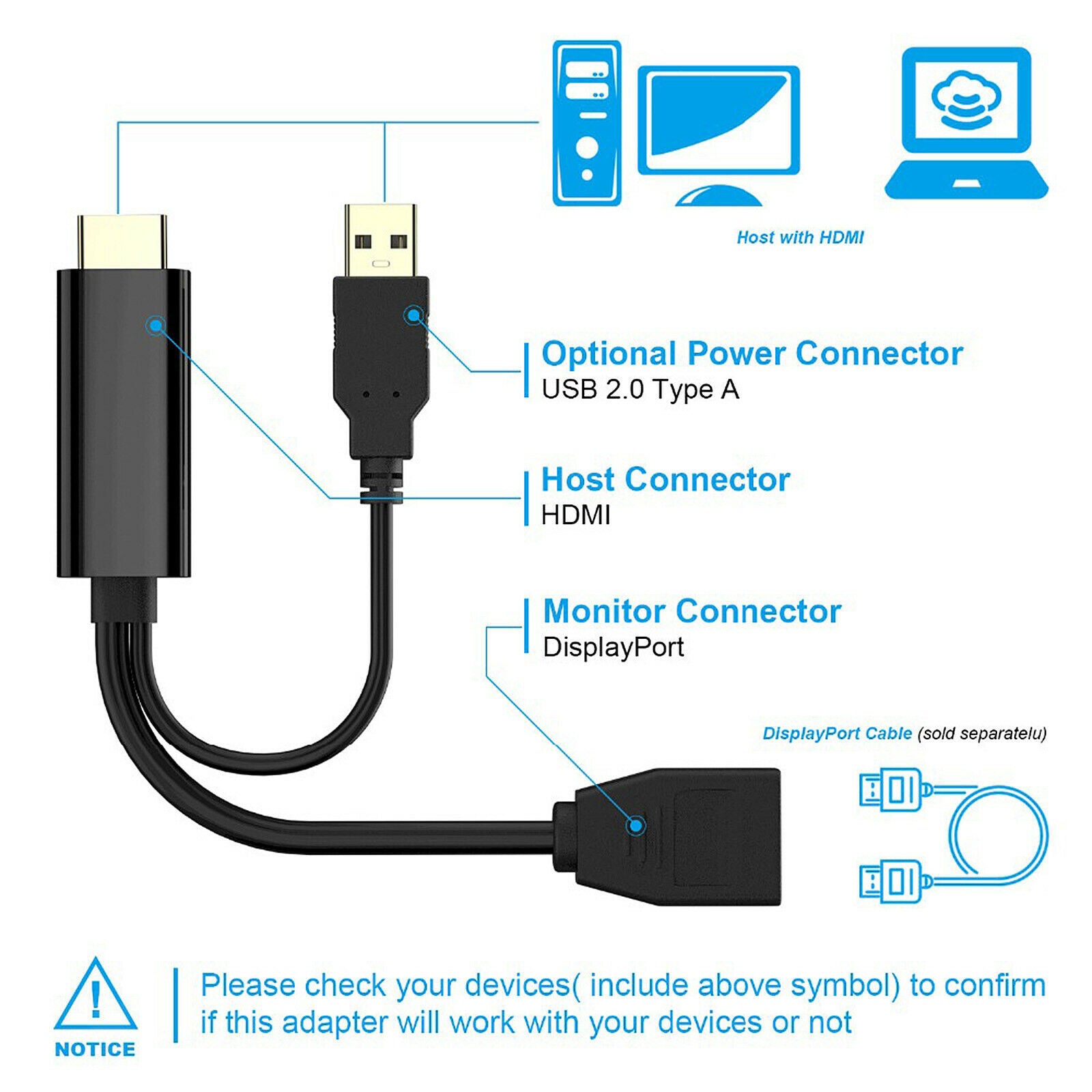 HDMI 1.4 to DisplayPort Adapter Converter Cable Dongle Connector 1080P 4K with