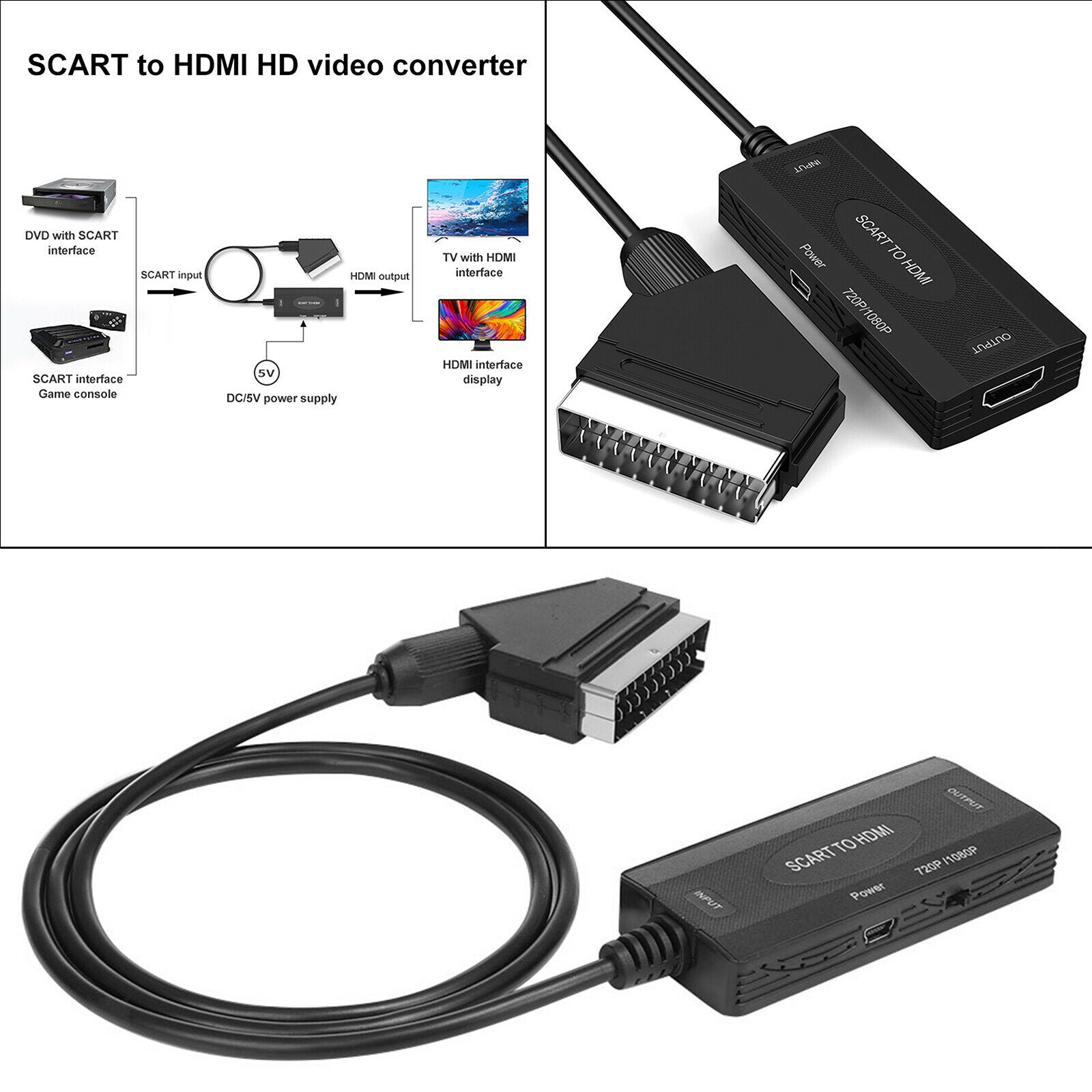 Mini Universal Scart to HDMI Converter Video Adapter Audio Output for HD TV