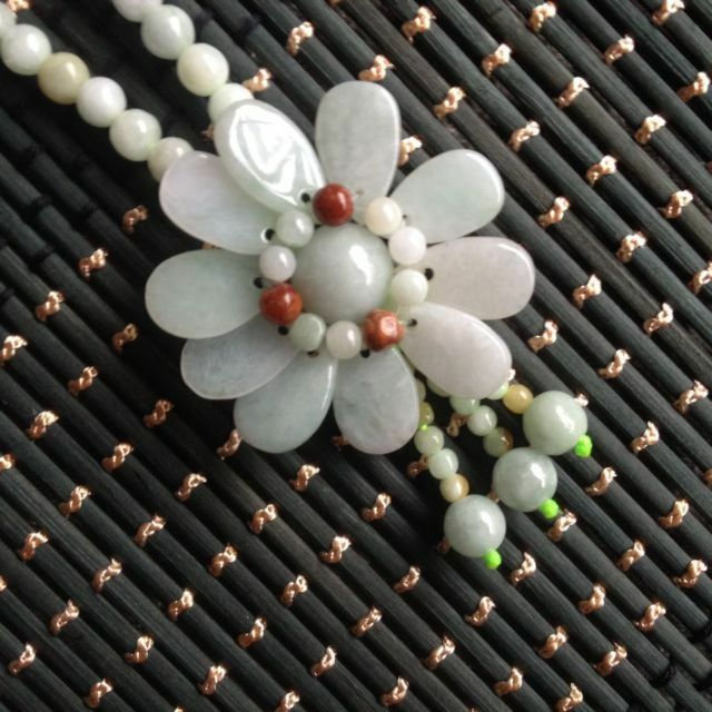 100% Natural A JADE Jadeite Bead Flower Necklace 22" inches AA