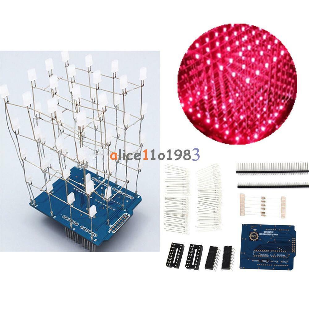 Red 4X4X4 Light Cube Kit Arduino uno shield LED Precise DIY Kit