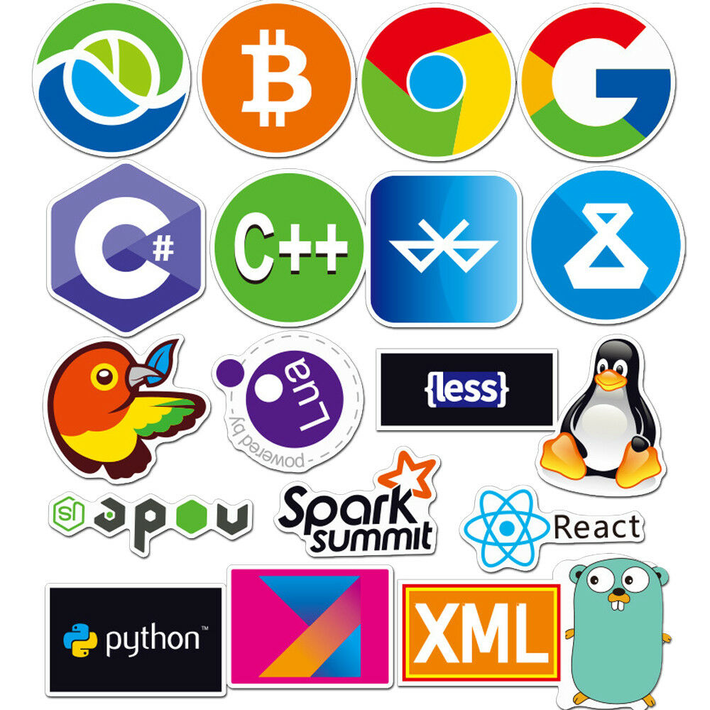 72x Developer, Programmer Stickers of Programming Languages and Internet Brands